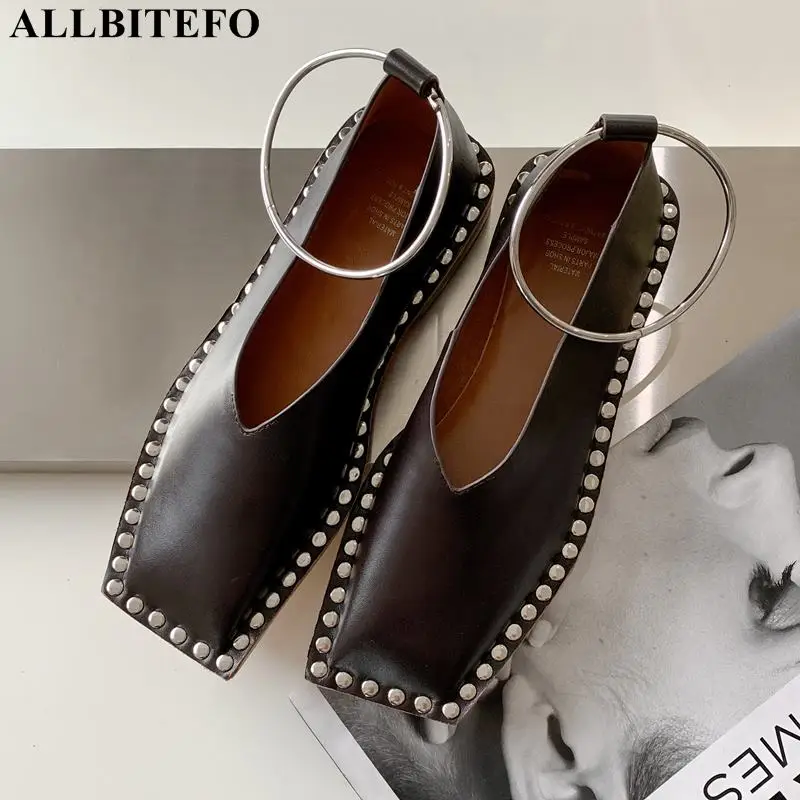 Женские туфли на низком каблуке ALLBITEFO натуральная кожа с металлическими