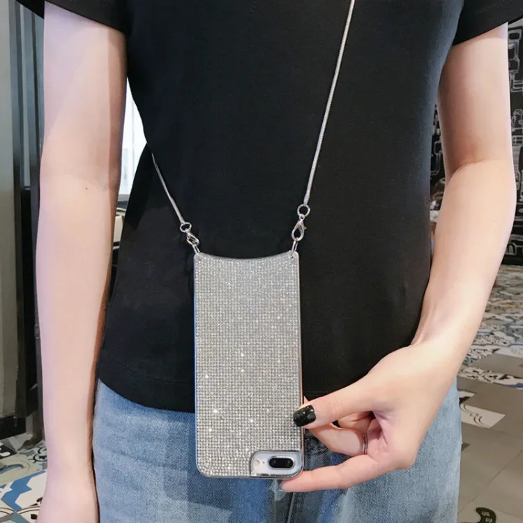 Блестящие стразы, Алмазный чехол через плечо для iPhone XS MAX XR X 6 8 7 Plus 11 Pro, Женский чехол с длинным ремешком и металлической цепочкой
