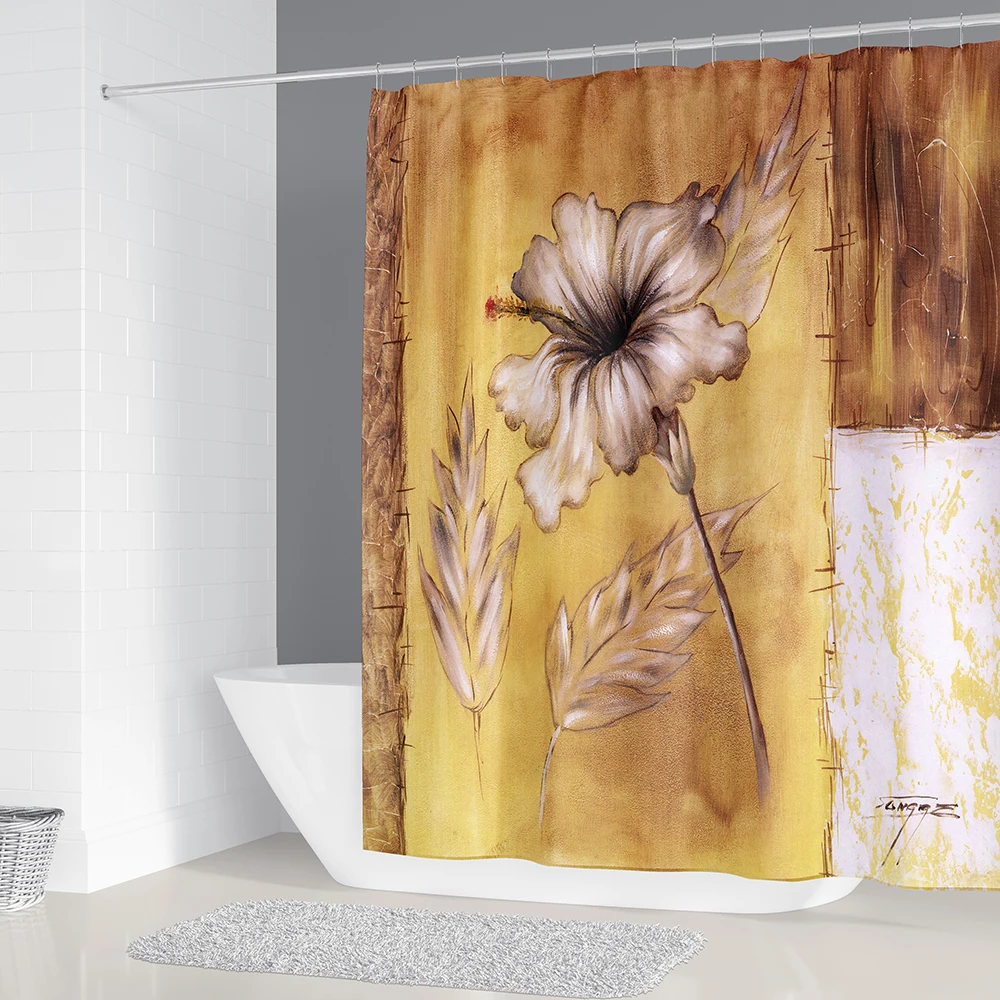 Golden Flower Shower Curtain Mat Set with Carpet Bath Screen for Home Hotel Bathtub Partition Mold Proof Durable Curtains Hooks | Дом и сад