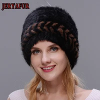 real natural mink hats for women winter knitting ear warm two color match cap cross weave with new fashion fur hat