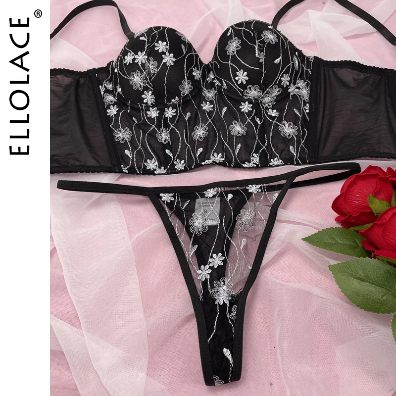 

Ellolace Underwear Set Padded Sensual Lingerie Woman Bra and Panties Lace Female Underwear Push Up Bra Set