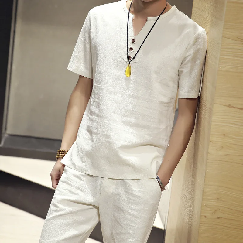 

Summer linen short-sleeved T-shirt + shorts two-piece suit men's set comfortable breathable thin cotton and linen casual suit