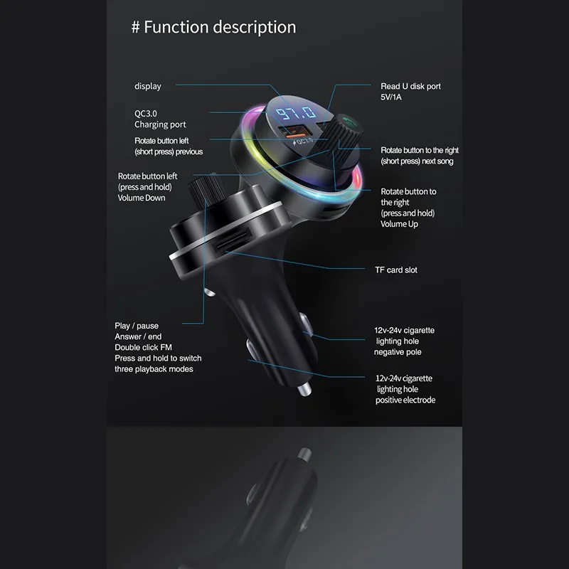 Автомобильное зарядное устройство с 2 USB-портами и светодиодный-трансмиттером 12-24