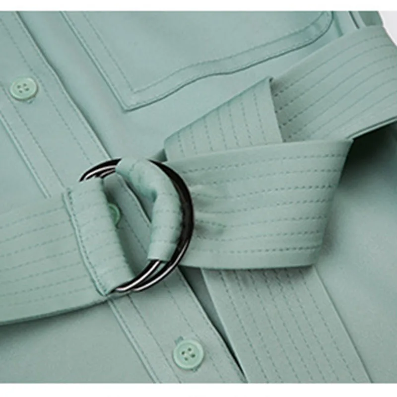 

HARLEYFASHION Spring New Elegant Slim Pleated Light Green Women's Single Breasted Stand Collar Adjustable Waist Mid-Length Dress