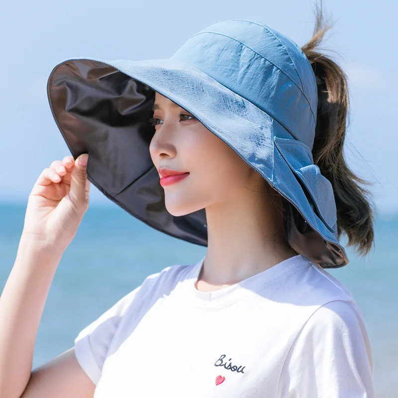 

2021 new sun hat summer sunscreen empty top hat bowknot foldable large brimmed hat outdoor beach hat UV protection female hat
