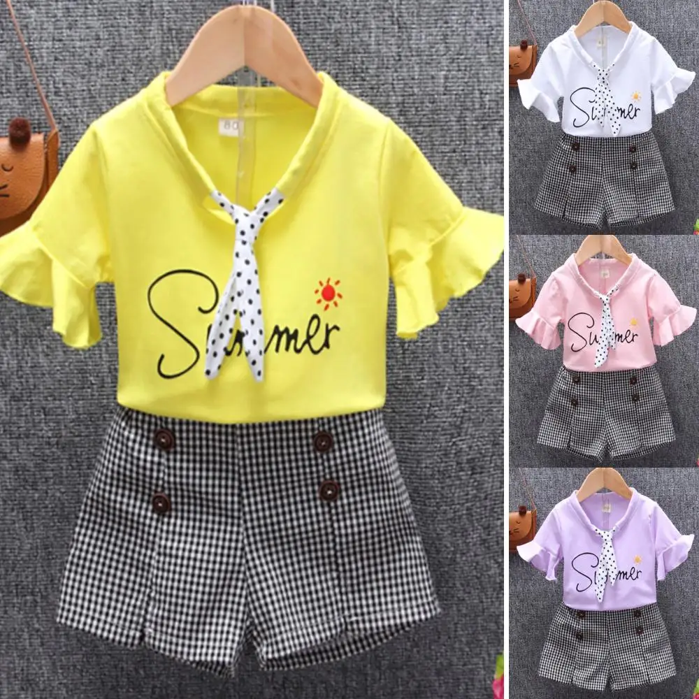 

Baby Girls Short Sleeve Ruffle Tops Plaid Shorts Set Summer Casual 2Pcs Outfits