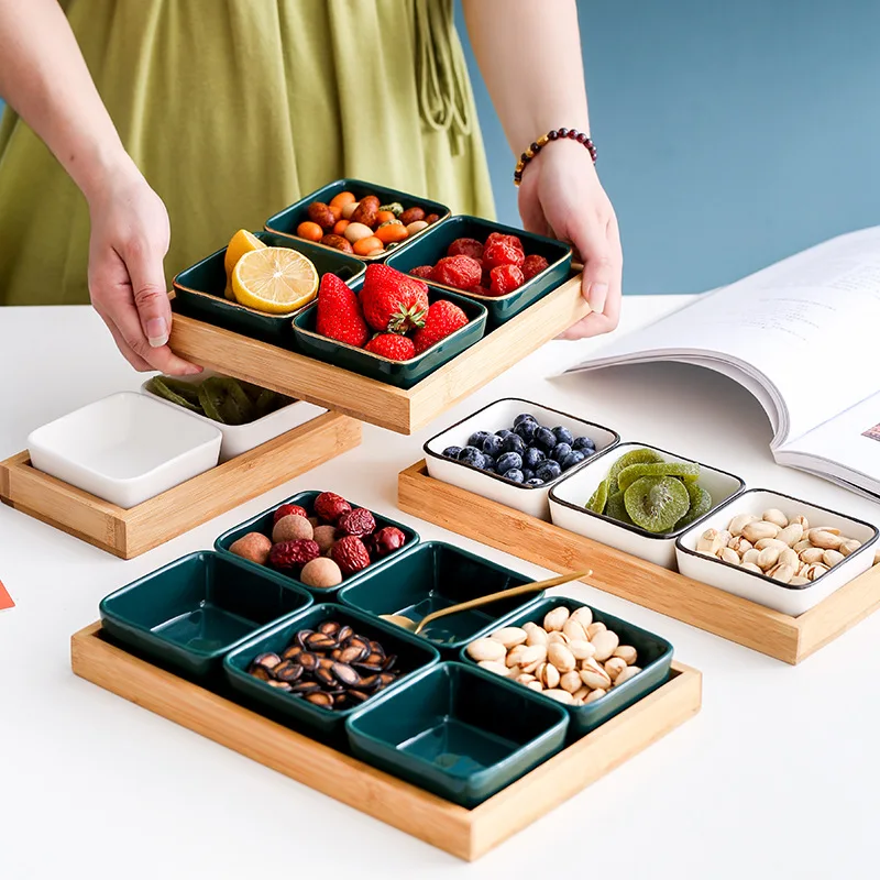 

Ceramic Tableware Food PlateS Set Wooden Tray Divided Grid Snacks Home Nordic Candy Creative Snacks Dried Fruit Seasoning Dishes