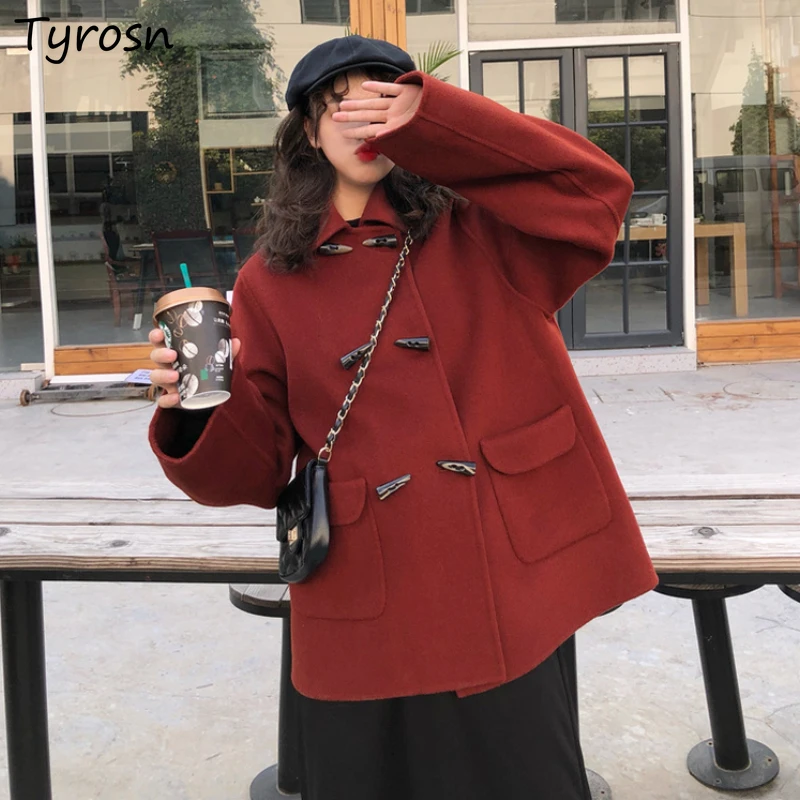 

Women Wool Blends Sweet Design Pockets Button Up Coats High Street Korean Fashion Solid Burgundy Turn-down Collar Woolen Outwear