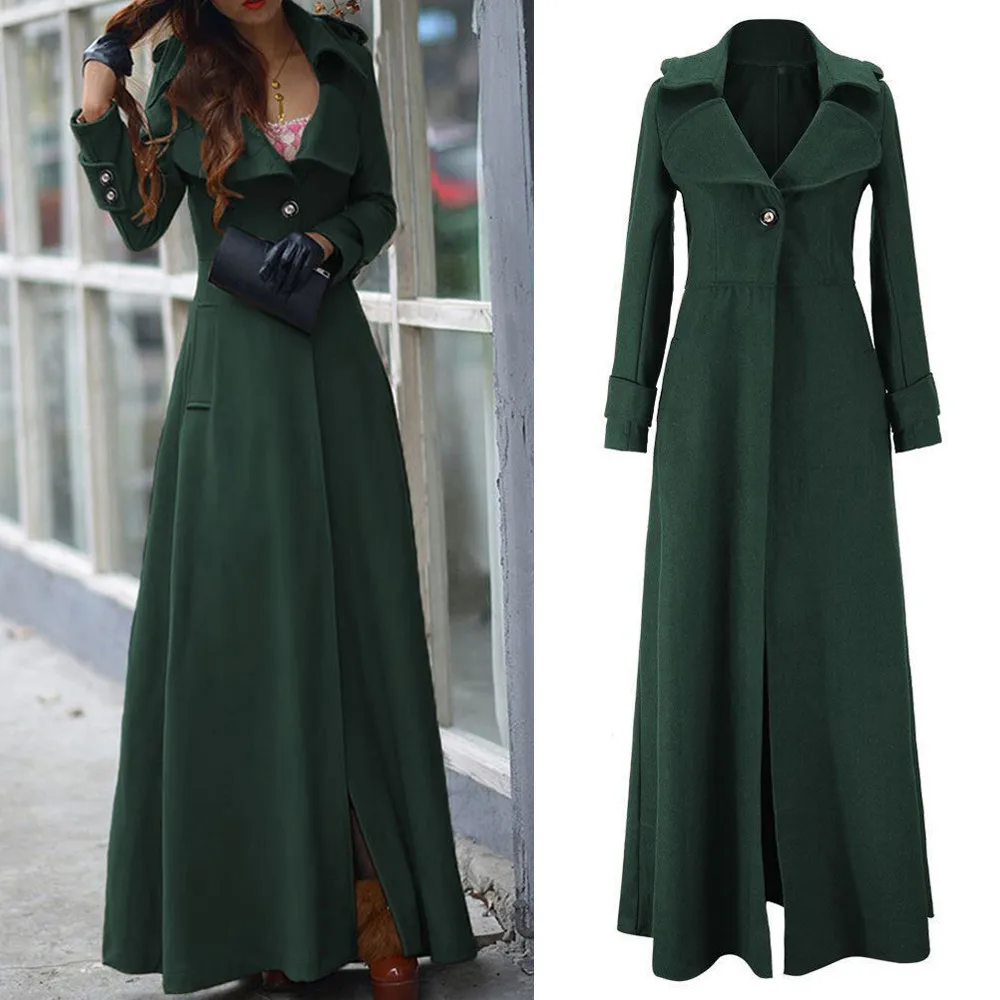 Осенне-зимний Женский Тренч с отворотом приталенное пальто на пуговицах длинная