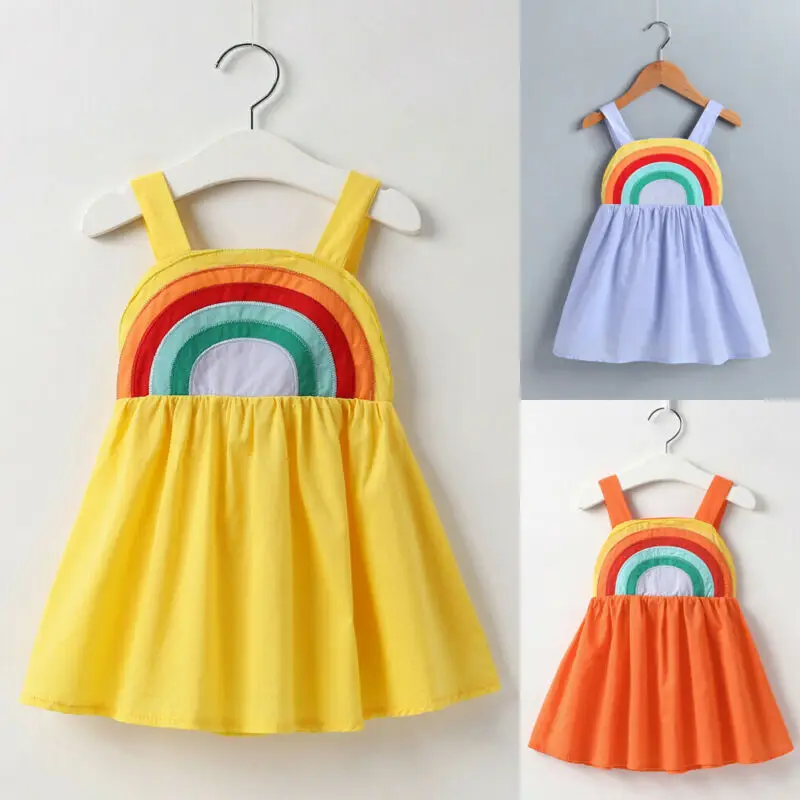 Платье для девочек летняя одежда маленьких короткое Радужное платье на бретелях