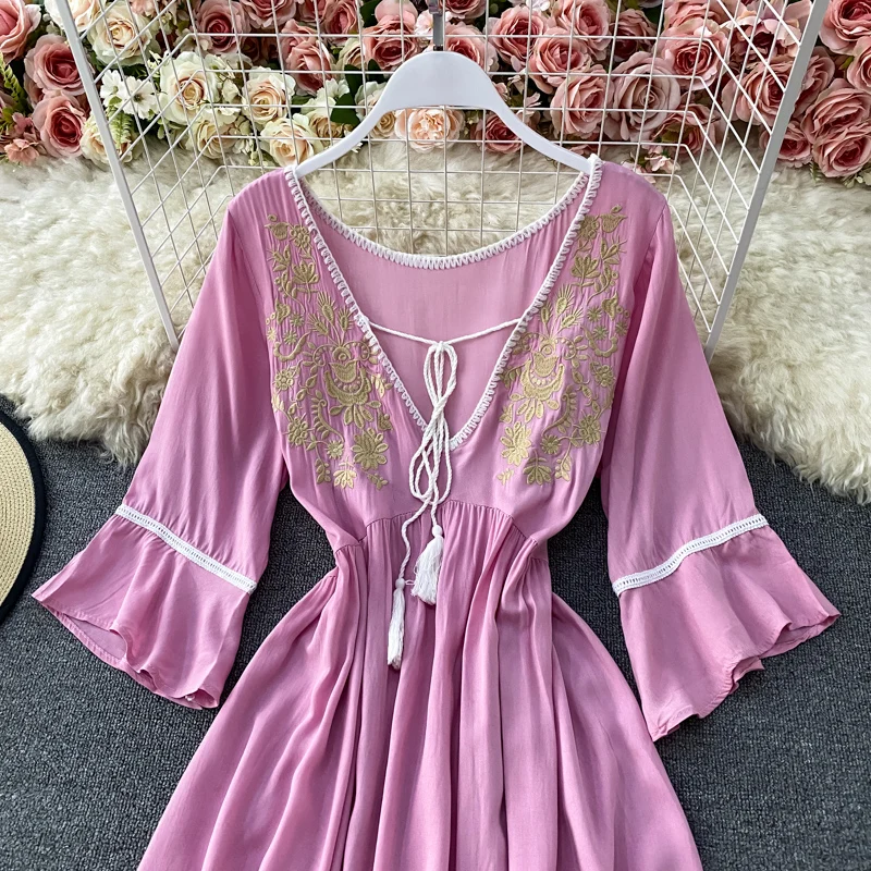 

Solid Green summer woman dress Deep V Neck High Waist Casual holiday dresses for women Flare Sleeves Ruffle Hemline vestidos