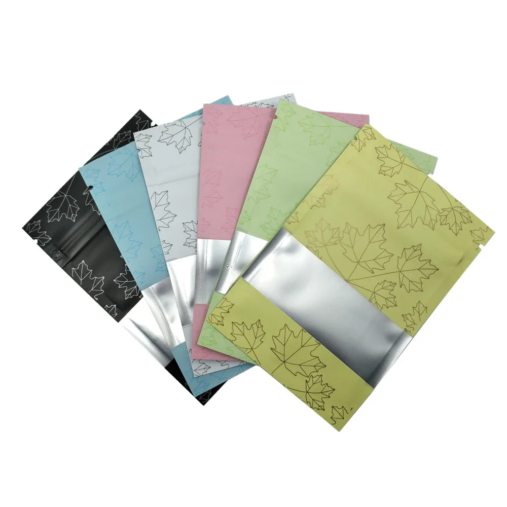 

200Pcs Colorful Maple Leaf Mylar Zip Lock Bag with Window Reusable Aluminum Foil Zipper Food Grocery Storage Bags for Dry Flower