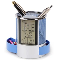 office lcd alarm clock time temperature display pen pencil holder desk organizer