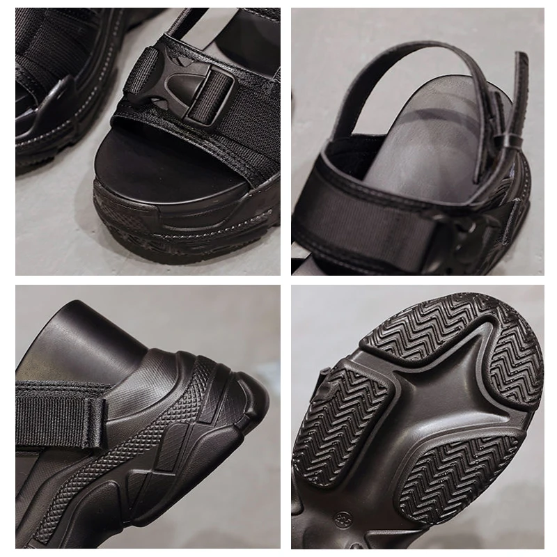

Black Buckle Strap Platform Thick Bottom Sandals Designers Non-Slip Wedges Beach Shoes Fashion Heighten 12CM Zapatos De Mujer