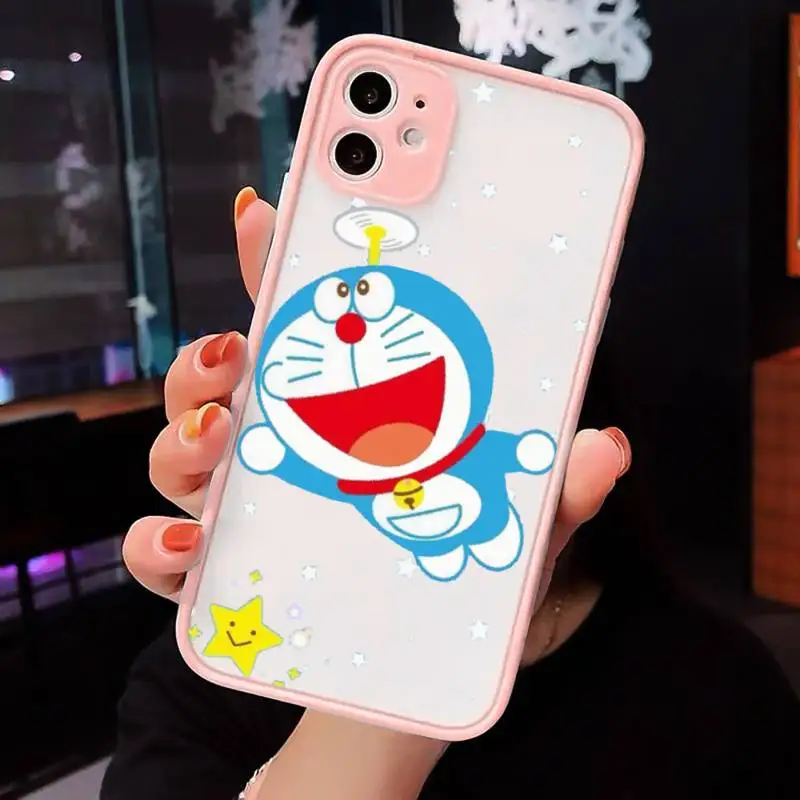 

Cute Cartoon Doraemon Robot cat Phone Case For iPhone 12 11 Mini Pro XR XS Max 7 8 Plus X Matte transparent Pink Back Cover