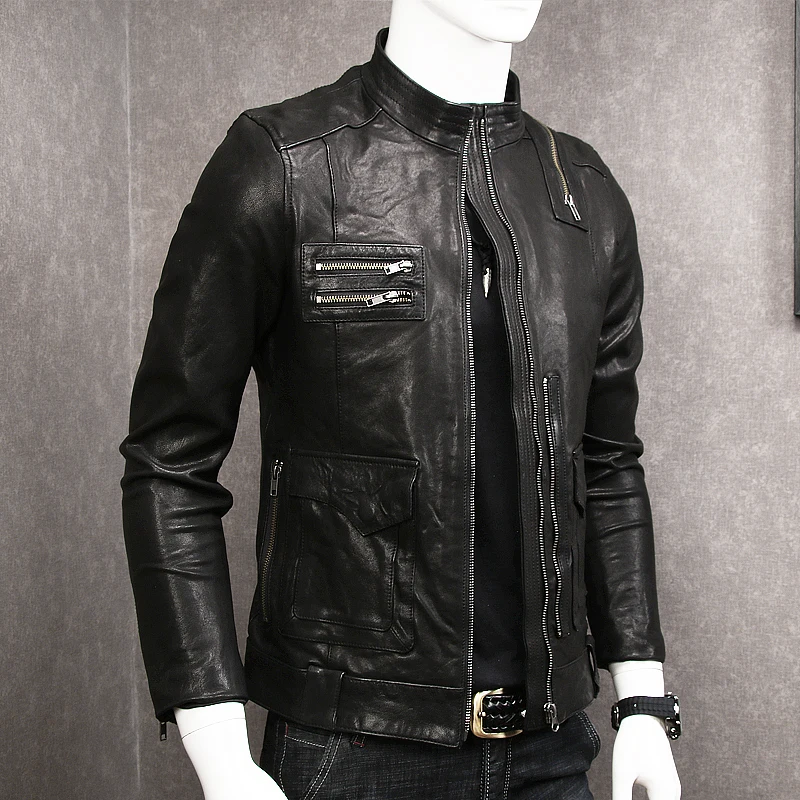 

Tanned New Vegetable Goatskin Men's Genuine Leather Jacket Short Slim Fit Stand Collar Casual Simple Pop Leather Jacket Male