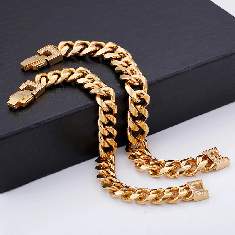 

Italy Gold Stainless Steel Cuban Link Chain Bracelets For Men Fashion High Polished Zirconia Chunky Wrap Bracelet Jewelry