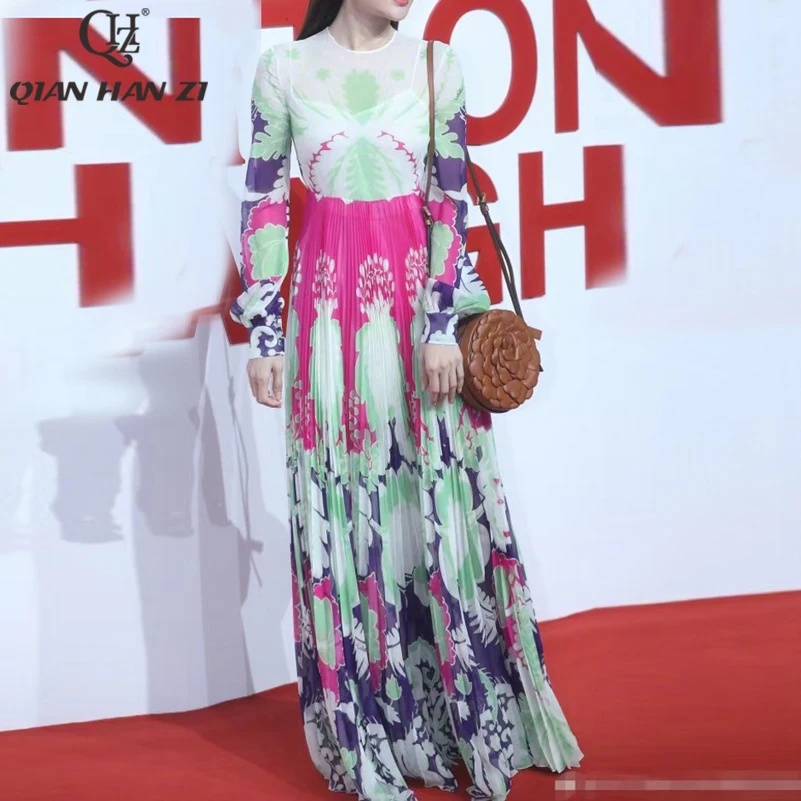 Qian Han Zi summer designer runway fashion beach long dress Women Long sleeve vintage print Elegant party pleated Maxi dress