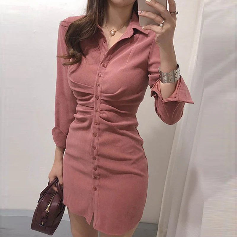 

Velvet Button Shirt Dress Women Bodycon Long Sleeve Elbise Sexy Vintage Spring 2020 Office Pink Mini Vestito Donna Moda Feminina