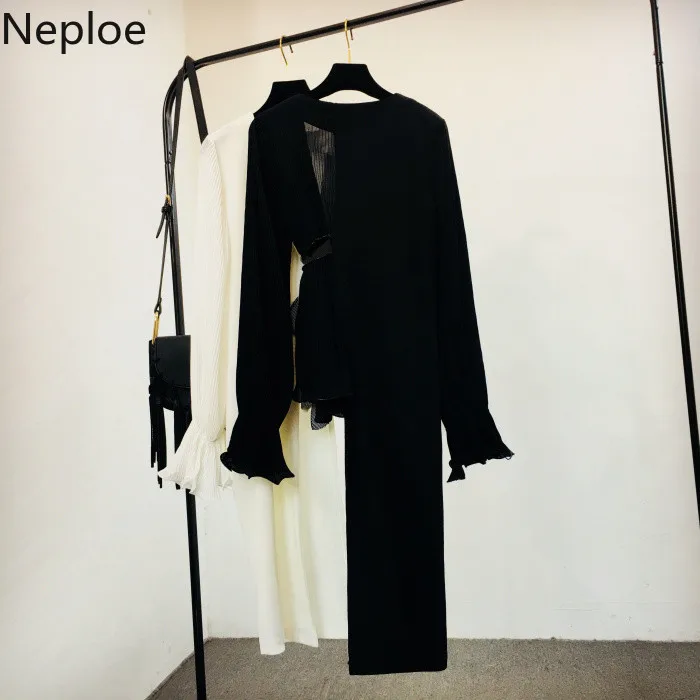 Neploe, новинка, v-образный вырез, блузка, рубашка для женщин, длинный рукав-клеш, на шнуровке, блузки, топы, неровная, средней длины, модная одежда 38258