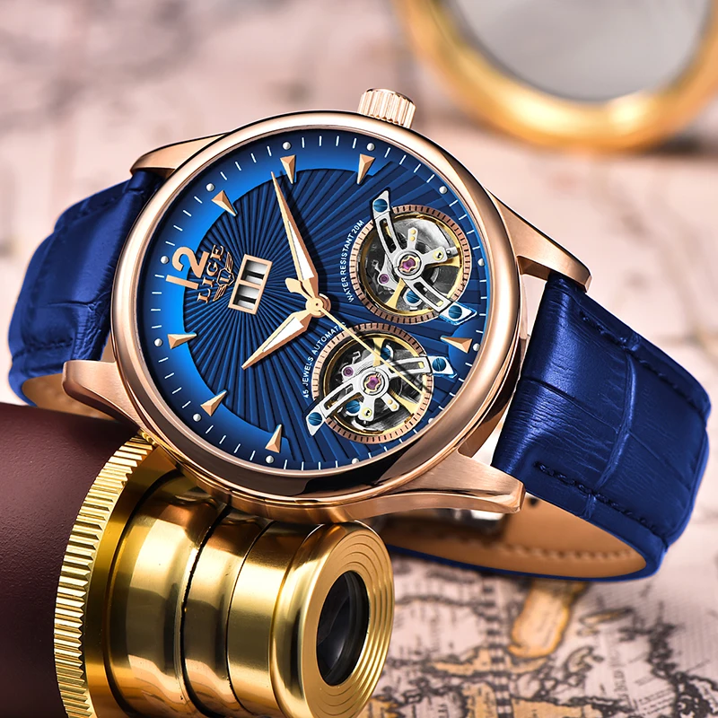 Reloj Hombres LIGE, мужские часы с двойным турбийоном и кожаным ремешком, Топ бренд, Роскошные автоматические механические Спортивные часы, мужские наручные часы