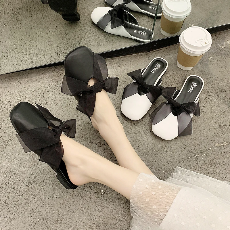 Мюли женские с квадратным носком шлепанцы на плоской подошве бант лента мягкая