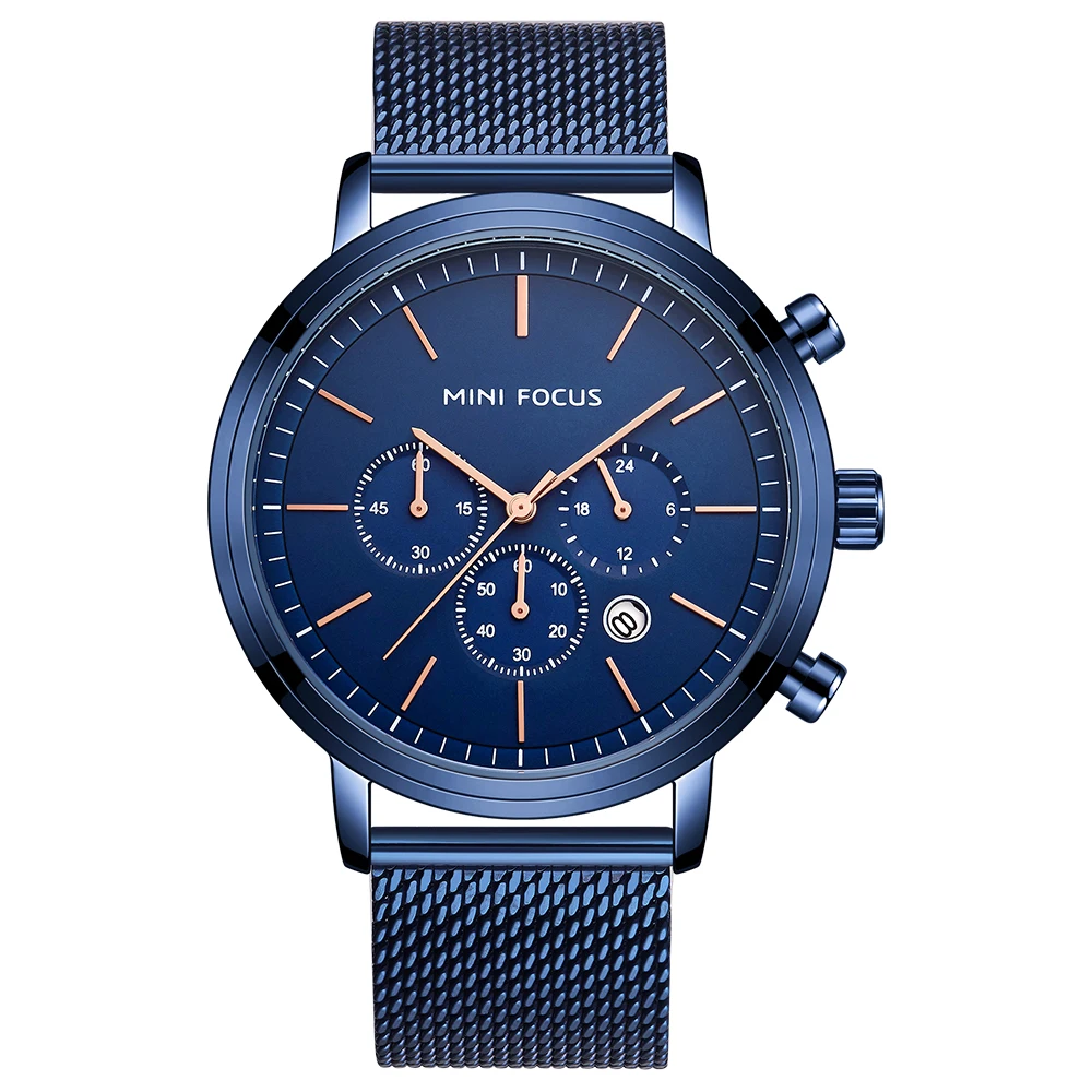 MINIFOCUS Fashion Men's Wrist Watches Luxury Design Quartz Watch Men 30m Waterproof Blue Stainless Steel Mesh Strap Reloj Hombre |