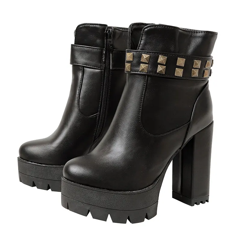 Новые зимние повседневные Черные ботильоны на молнии с круглым носком и красными