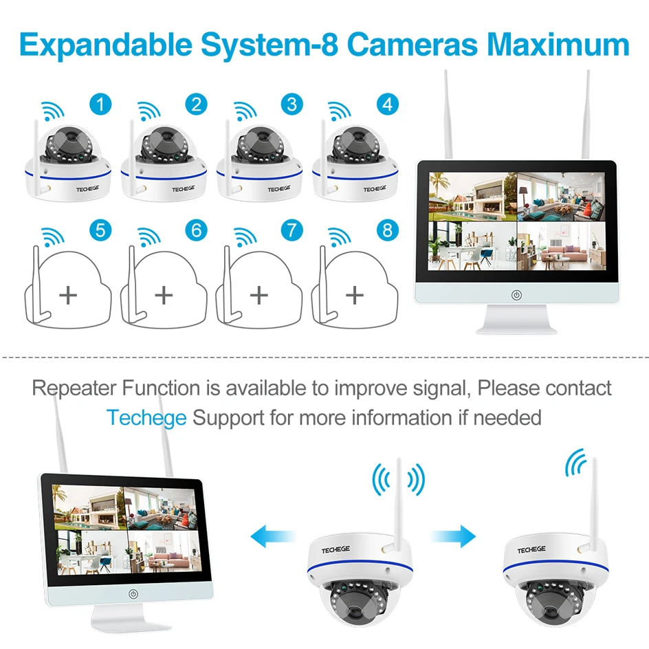 Techege Plug and Play 8CH Беспроводной NVR комплект 12 дюймов LCD 1080P HD Vandalproof IP камера ночного