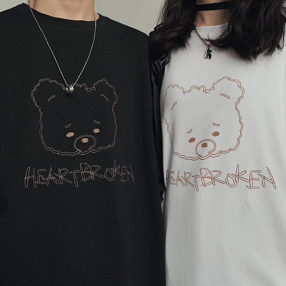 

Summer Little Bear Printing Women Men T-shirt Female Korean Loose Half Sleeve Summer Priming Coat Clothing Couple Outfit Street