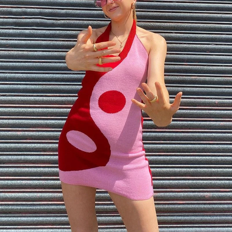 Винтажный элегантный трикотажный сарафан Y2K в китайском стиле с открытой спиной