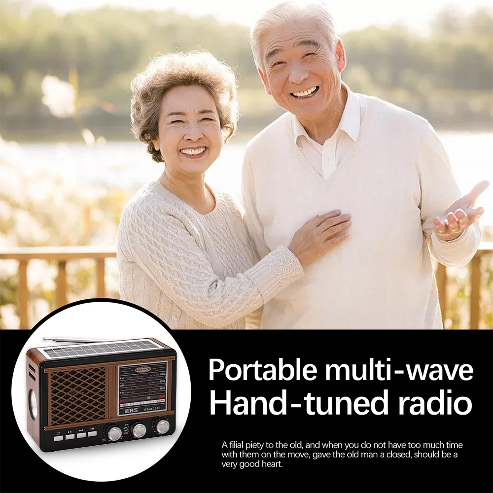 

Solar Multi Bands Radio Receiver Broadcast with Built-in Speaker Compact Retro Radio with Bluetooth Antenna Accessories