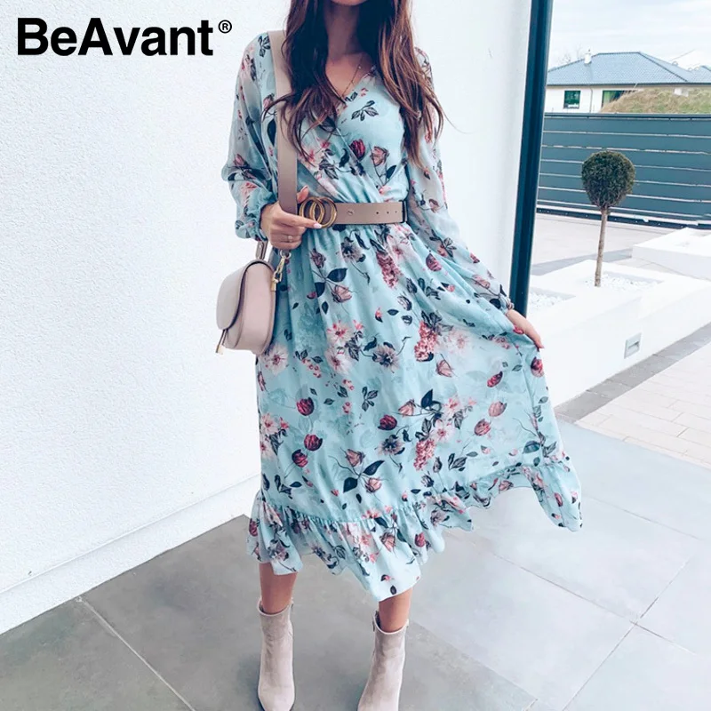 Женское платье с длинным рукавом BeAvant синее винтажное Бохо цветочным принтом и