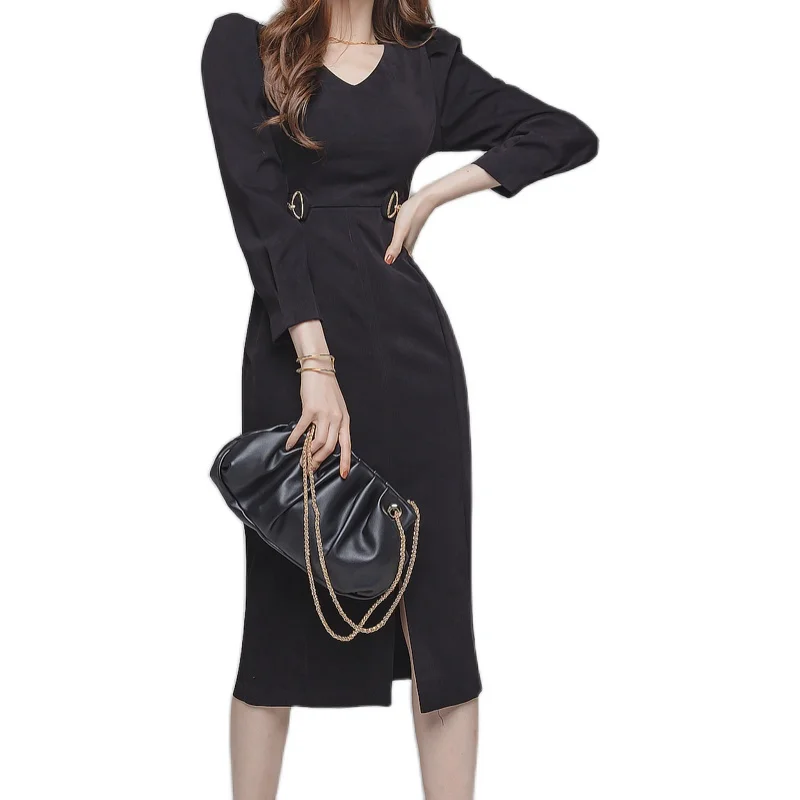 

New Winter 2020 Women Office Work Formal Dress Vintage Black v-neck Long Sleeve split fashion Slim Midi Pencil dress