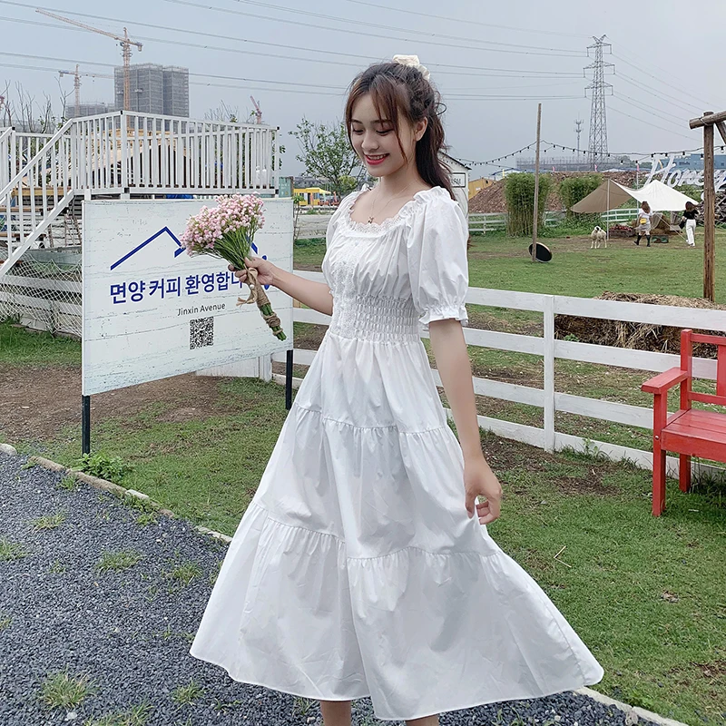 

2021 Summer Elegant Lace Splice Long Dress Vintage Square Collar Female Franch Dress Temperament Casual Holiday Vestidos