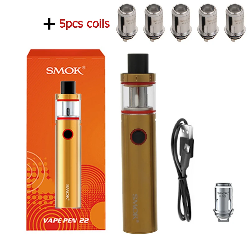 Smok Vape Pen 22 комплект со встроенным аккумулятором 1650 мАч Vape Pen 22 резервуар Ом двухъядерный светодиодный электронная сигарета испаритель - Цвет: Gold and 5 coils