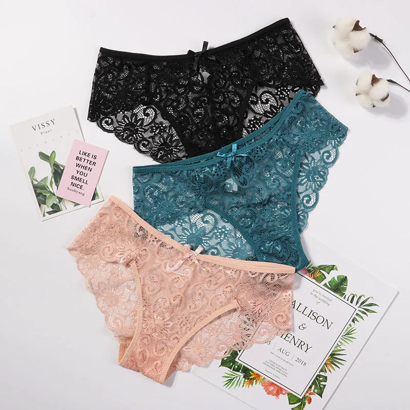 

3pcs/Pack! Sexy Women Lace Panties Underwear Lace Briefs S M L XL Transparent Floral Bow Soft Lingerie