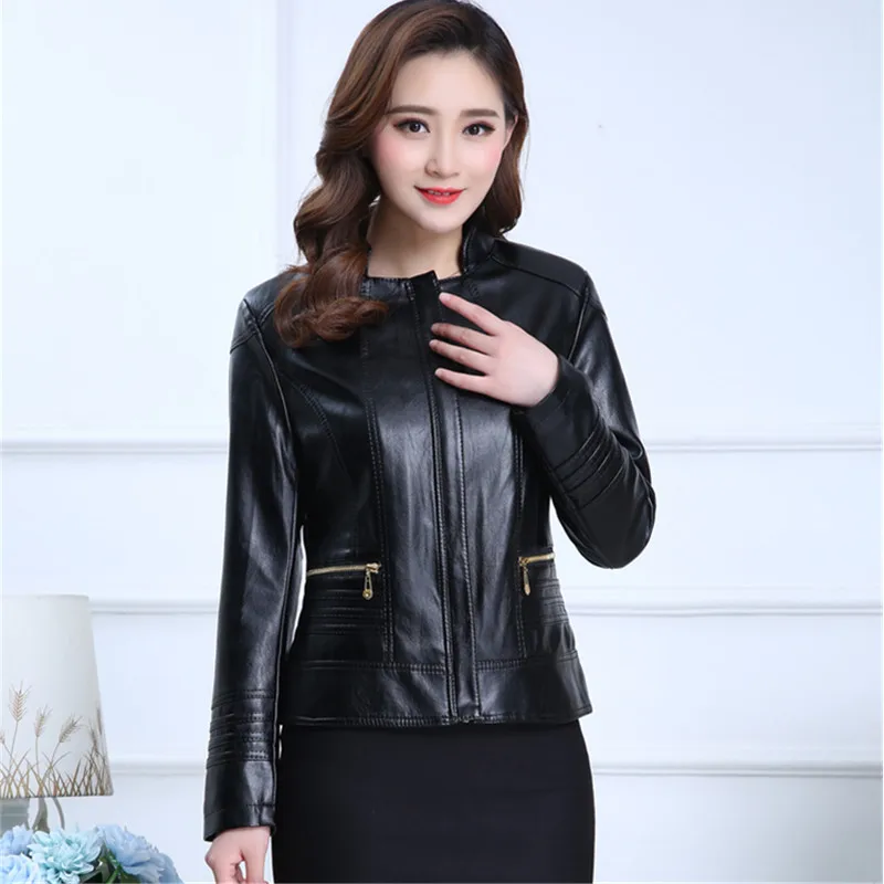 black UHYTGF женская кожаная куртка повседневная женская 6XL плюс размер пальто качество PU весна осень кожаная куртка промытая кожа короткий топ 832 - Цвет: black