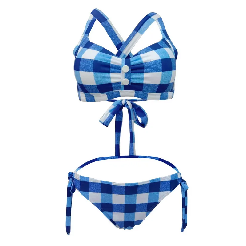 C-Bikini Set (3) Винтажный пуш-ап бикини Топ контрастный цвет клетчатый принт бикини бюстгальтер сексуальный женский бандаж из двух частей раздельный купальник синий красный черный - Цвет: C-Bikini Set (3)