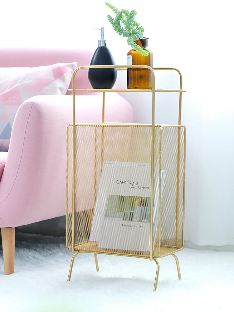 

Living Room Sofa Magazine Double-layer Storage Rack Simple Creative Storage Rack Iron Art Floor Bookcase Smooth Lacquered