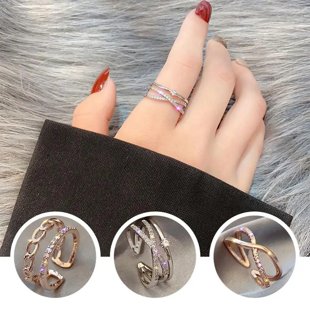 Rose Gold Color wedding rings New Rings For Women Shining Zircon Multi Layers Cross Adjustable Open Ring Jewelry | Украшения и