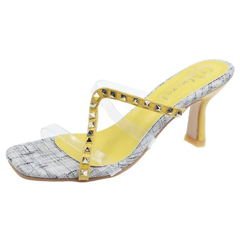 Summer New Sandals Fashion 2020 Rivet Transparent High Heel Slippers Outside Thin Heels Med (3cm-5cm) High Quality Mixed Colors