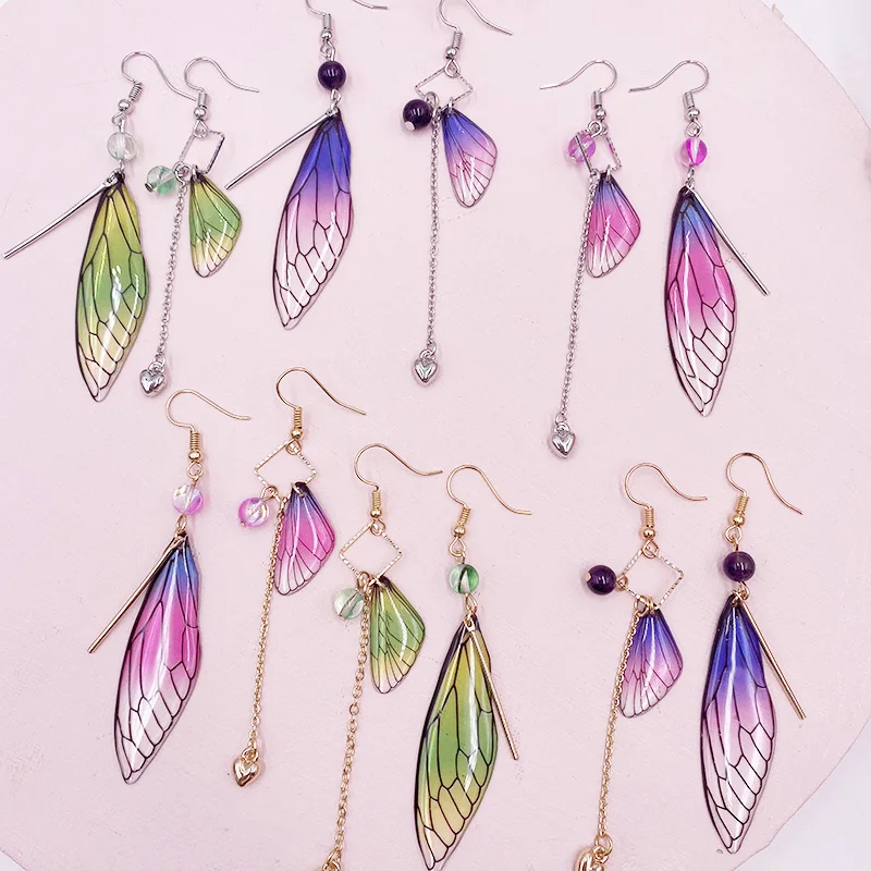 

Minar Temperament Rainbow Butterfly Wings Long Tassel Earrings Dreamy Gradient Asymmetric Drop Earrings Romantic Wedding Jewelry