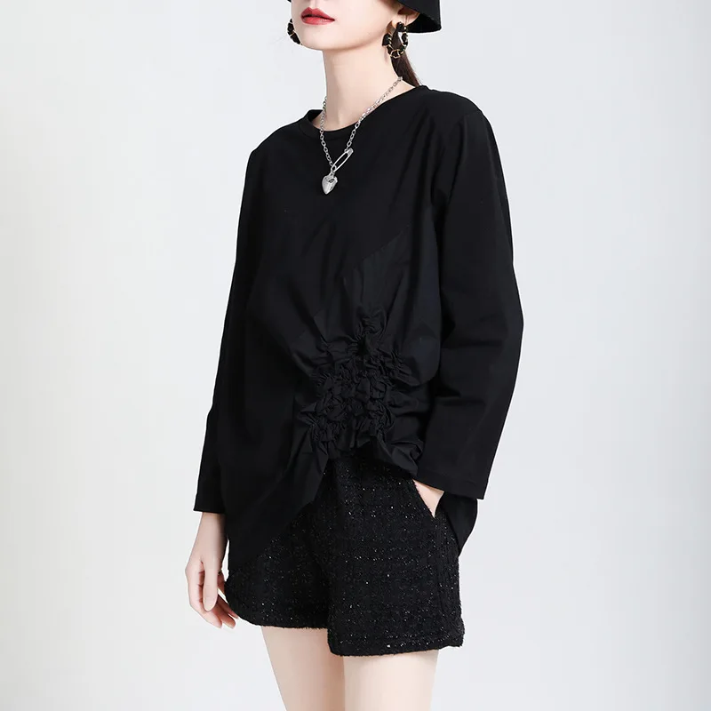 

2020 Spring New Design Irregular T-shirt Long Sleeve Cotton White Pullover Loose Thin Round Neck Tshirt Female White Color