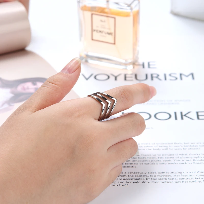 Women's Titanium Steel Gold Color Wholesale Inside and Outside Polished Three V Shape Ring image 4