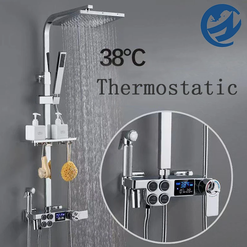 

H-Quality All Brass Chrome Thermostatic Digital Display Shower Faucet Set Bidet Faucet Water Flow Power Generation Shower Set