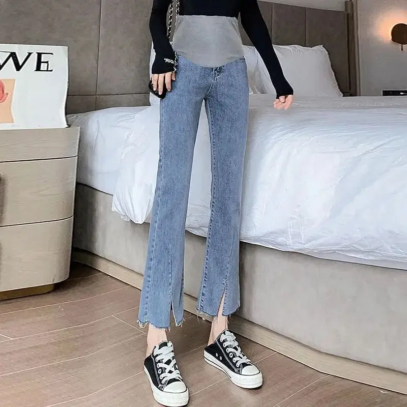 

Wide Leg Side Split Denim Maternity Full Long Jeans Cotton Belly Loose Pants Clothes for Pregnant Women Pregnancy Trousers