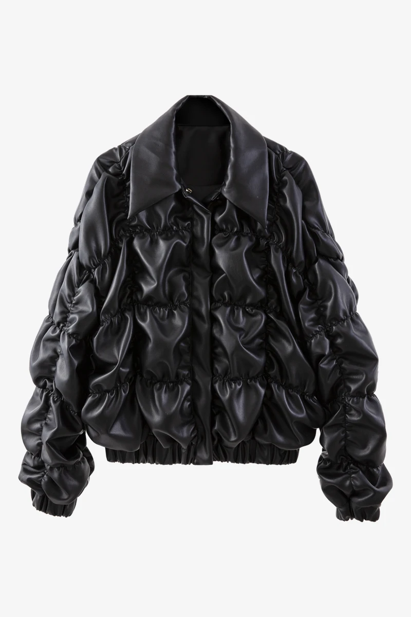

ZCSMLL Fashion personality black coat simple and versatile pleated design short lapel leather jacket women 2021 spring