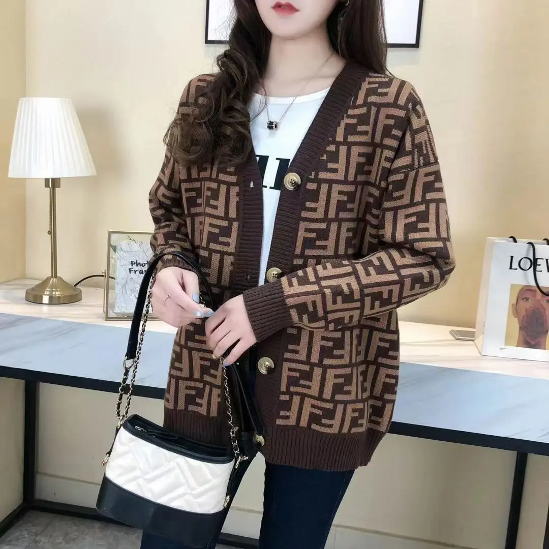 

Spring and Autumn 2021 New Fashion V-neck Long Sleeve Jacket Women's Loose Vintage Turtleneck Knitted Cardigan