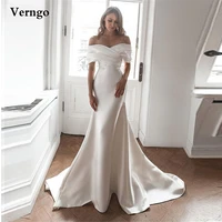 verngo charming off the shoulder satin mermaid wedding dresses 2022 mermaid sleeves court train long simple bridal gowns
